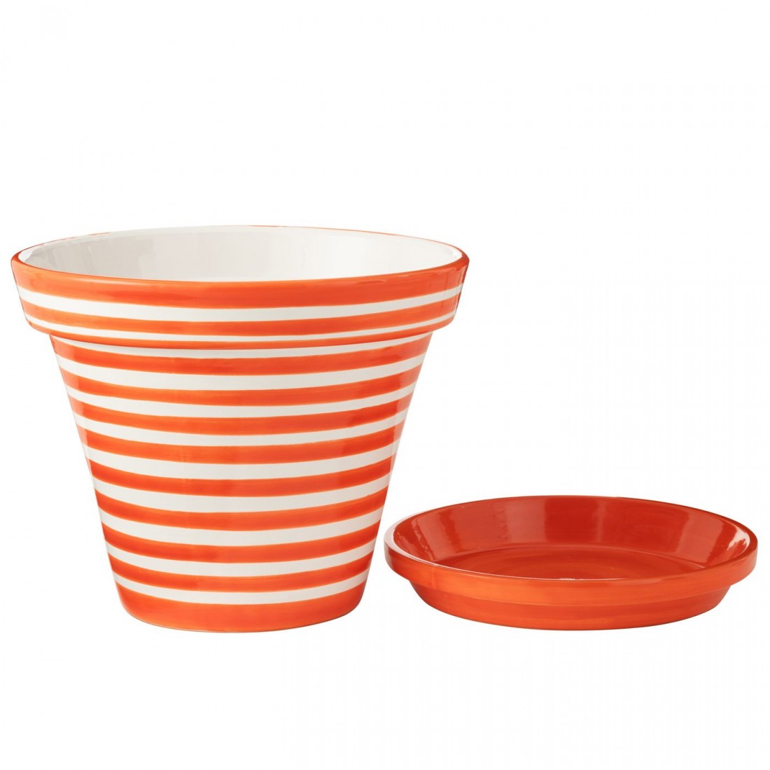 Maceta+Plato Granada Rayas Cerámica Hecha a Mano+Pintada Naranja Extra Grande J-Line