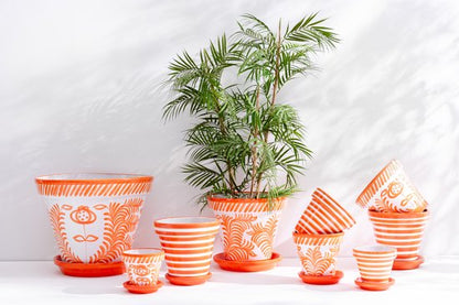 Maceta+Plato Granada Rayas Cerámica Hecha a Mano+Pintada Naranja Extra Grande J-Line