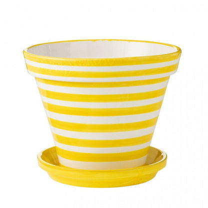 Maceta+Plato Granada Rayas Artesanal+Cerámica Pintada Amarillo Extra Grande