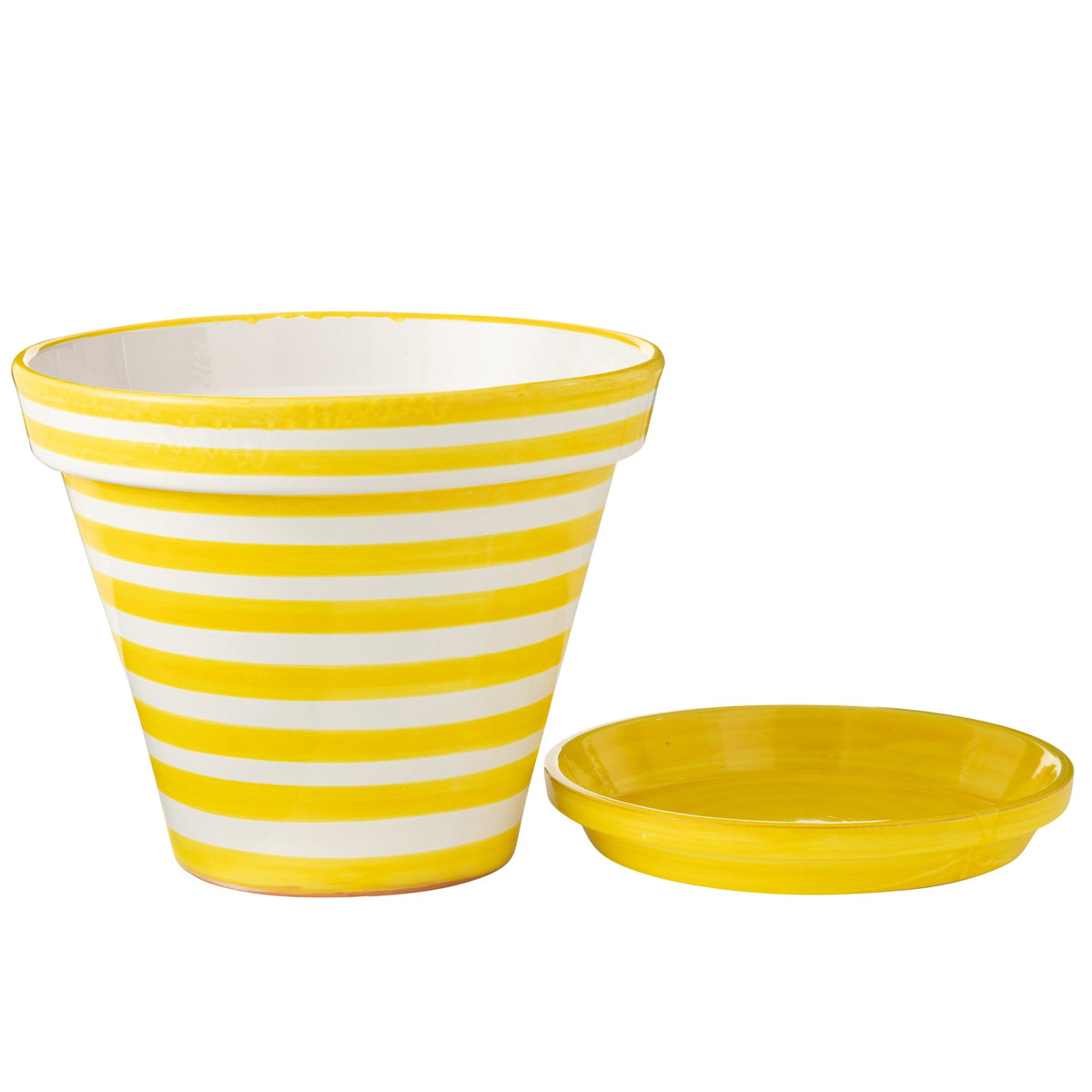 Maceta+Plato Granada Rayas Artesanal+Cerámica Pintada Amarillo Extra Grande