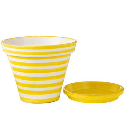 Maceta+Plato Granada Rayas Artesanal+Cerámica Pintada Amarillo Extra Grande