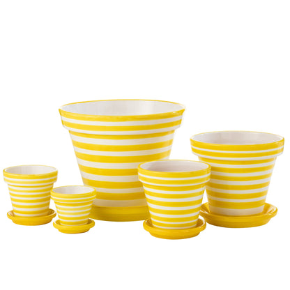 Maceta+Plato Granada Rayas Artesanal+Cerámica Pintada Amarillo Extra Grande