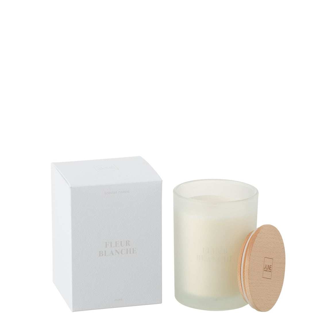 Geurkaars Accords Essentiels Fleur Blanche 38 Uur van J-Line, witte glazen pot met houten deksel naast de geschenkdoos