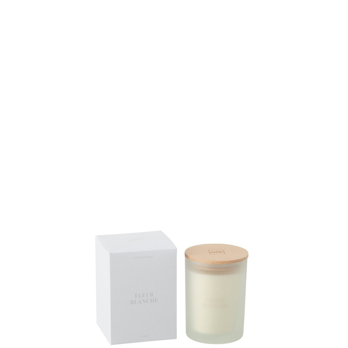 Geurkaars Accords Essentiels Fleur Blanche 38 Uur van J-Line, gesloten kaarspot en doos op witte achtergrond