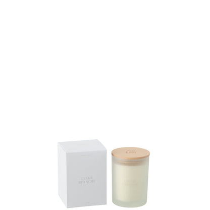 Geurkaars Accords Essentiels Fleur Blanche 38 Uur van J-Line, gesloten kaarspot en doos op witte achtergrond