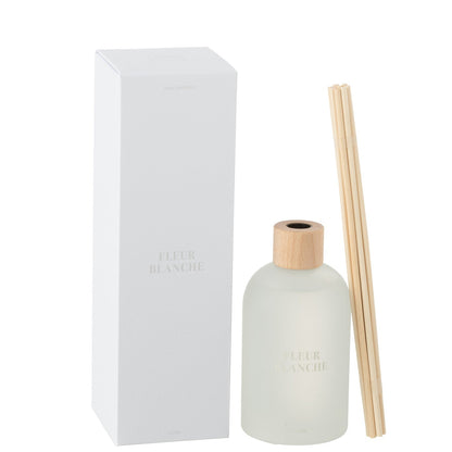 Geurstokjes Accords Essentiels Fleur Blanche 250ml van J-Line, fles met losse stokjes en verpakking op witte achtergrond