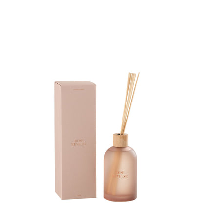 Geurstokjes Accords Essentiels Rose Rêveuse 250ml van J-Line, fles met losse stokjes en verpakking op witte achtergrond