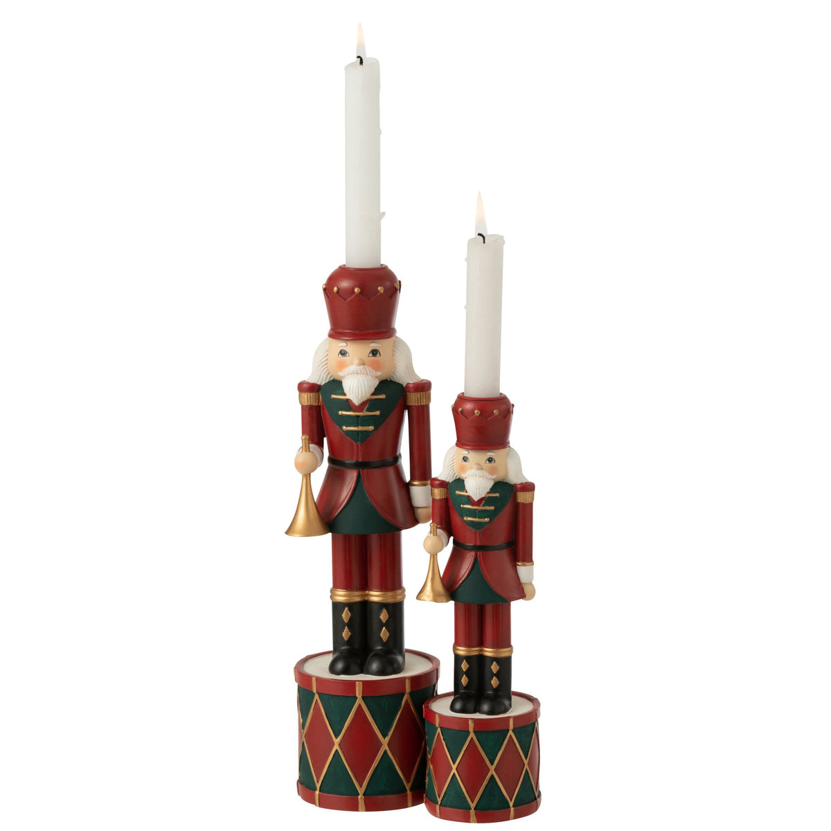 Kaarshouder Notenkraker van J-Line, Large en Small naast elkaar met witte dinerkaarsen