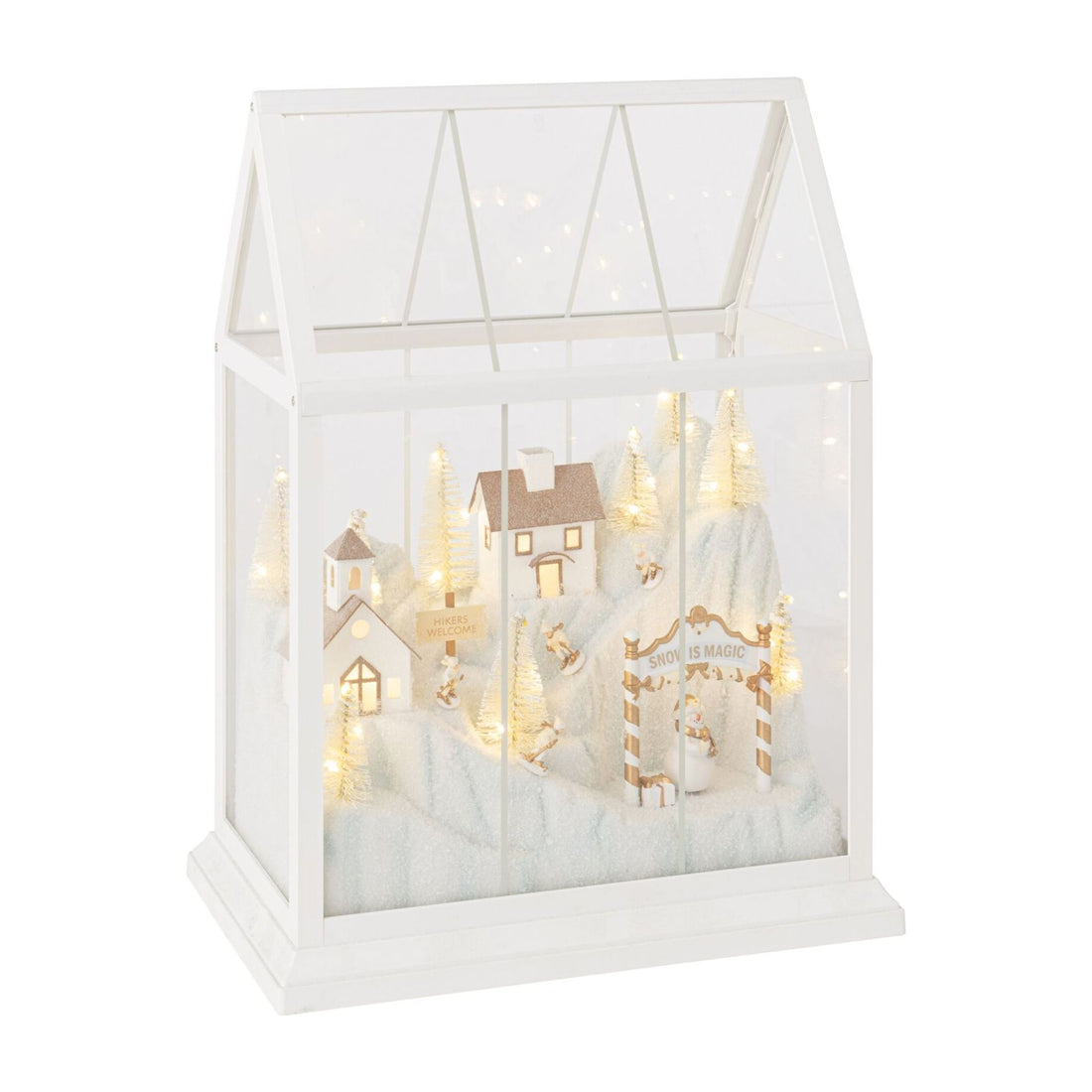 Pueblo navideño de cristal LED blanco/dorado, tamaño mediano, línea J