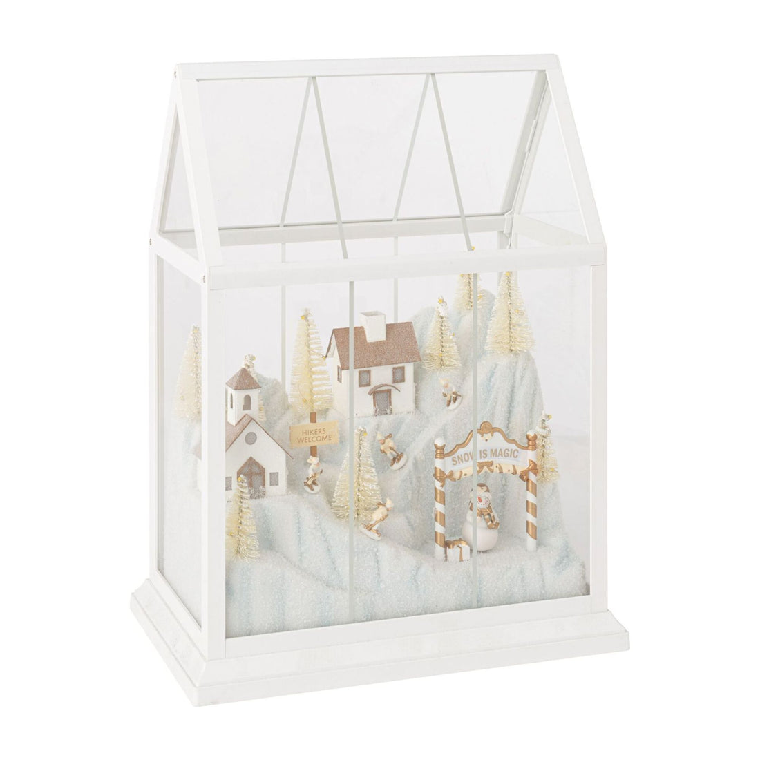 Pueblo navideño de cristal LED blanco/dorado, tamaño mediano, línea J