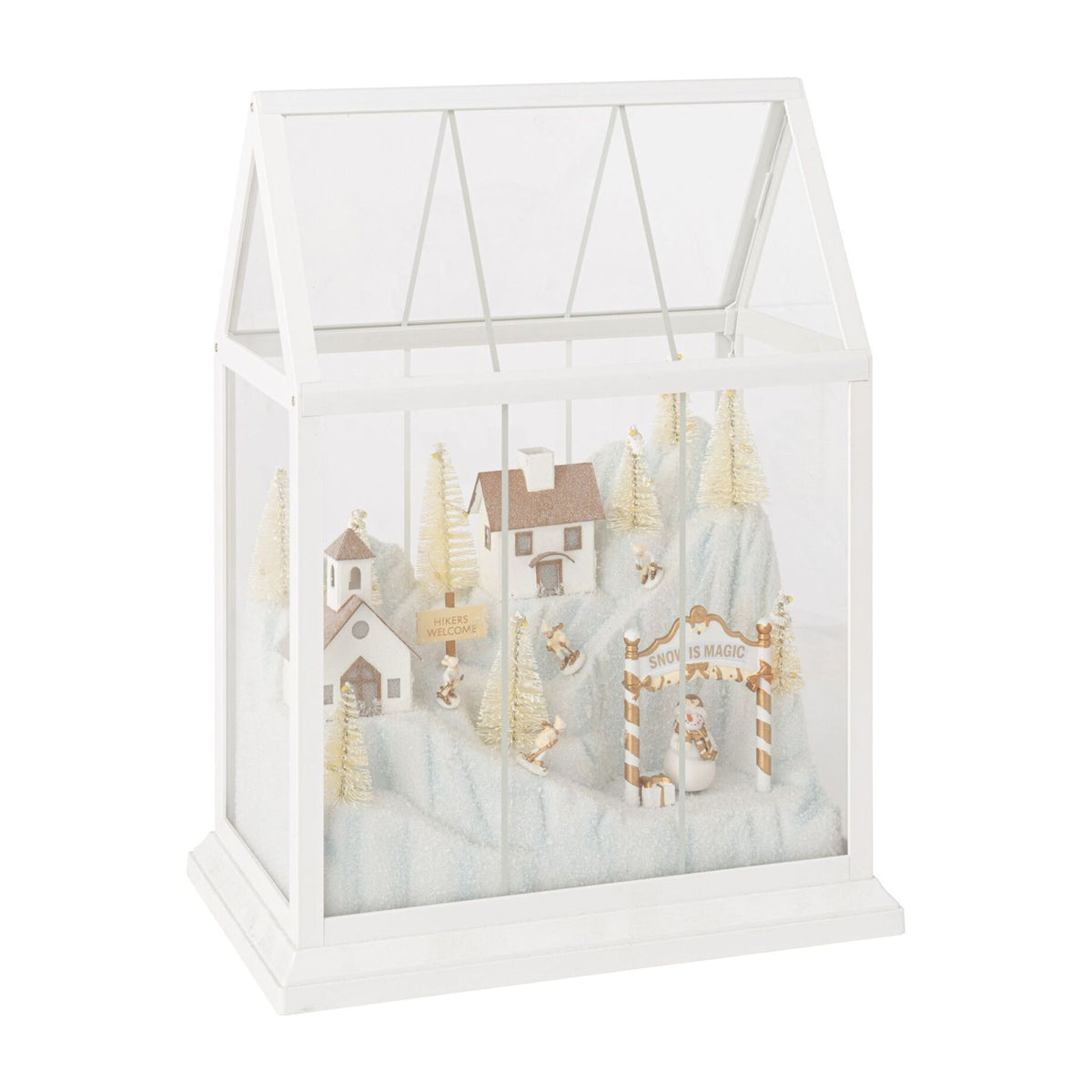 Pueblo navideño de cristal LED blanco/dorado, tamaño mediano J-Line