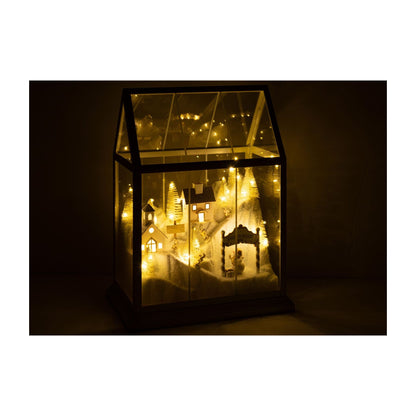 Pueblo navideño de cristal LED blanco/dorado, tamaño mediano J-Line