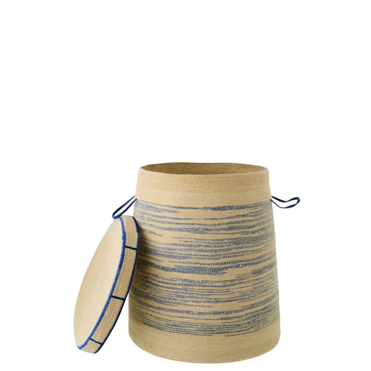 Cesta con asa + tapa a rayas de esparto natural/azul J-Line