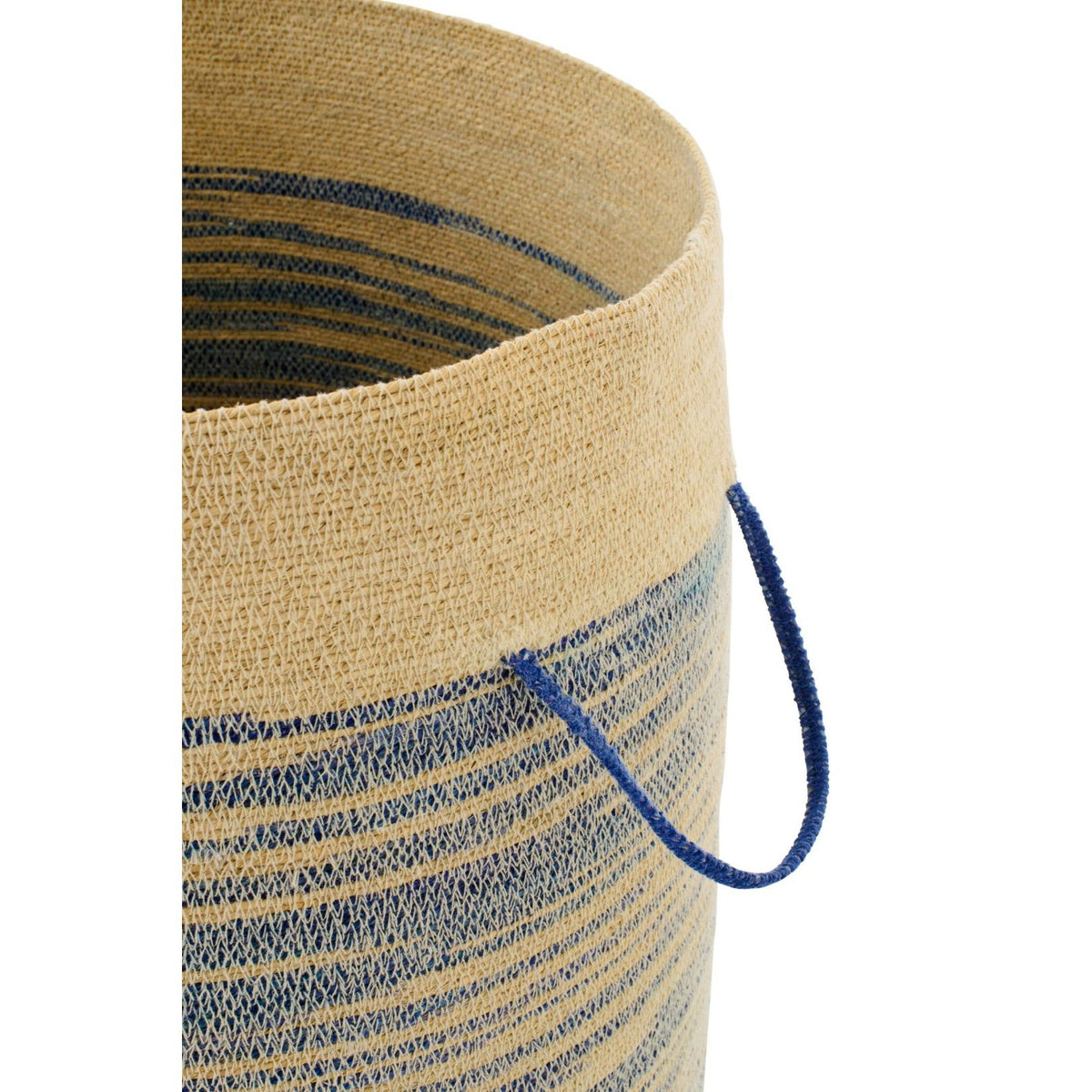 Cesta con asa + tapa a rayas de esparto natural/azul J-Line