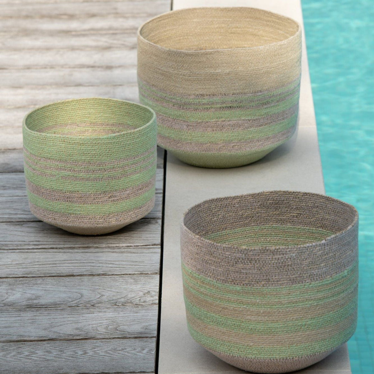 Cestas de Hierba Marina a Rayas Natural/Verde Set de 3 J-Line