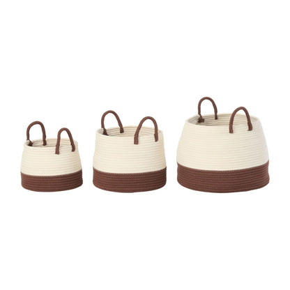 Cestas redondas de poliéster marrón oscuro/blanco con asa, set de 3, J-Line