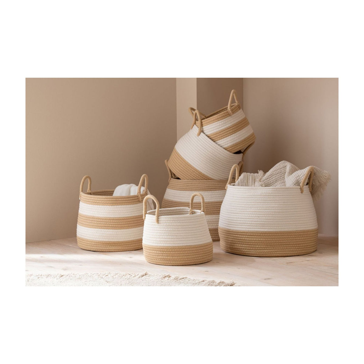 Cestas redondas de poliéster con asa, color natural/blanco, juego de 3 J-Line