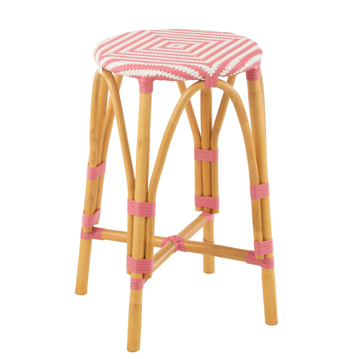 Taburete de exterior Barkruk Live redondo de ratán rosa/blanco J-Line