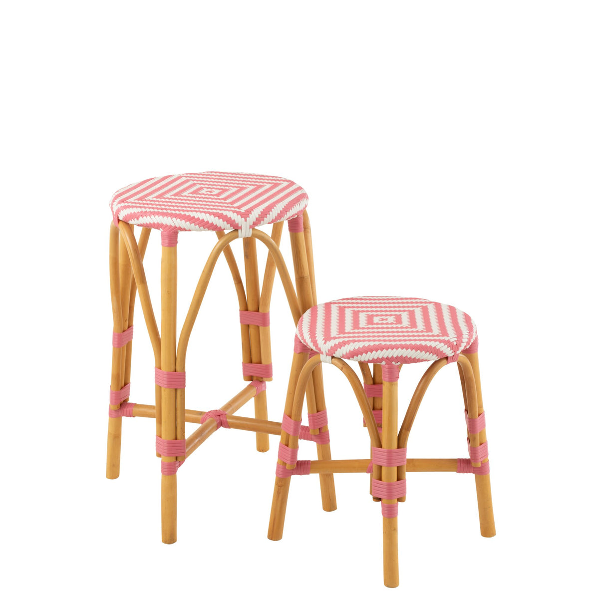 Taburete de exterior Barkruk Live redondo de ratán rosa/blanco J-Line