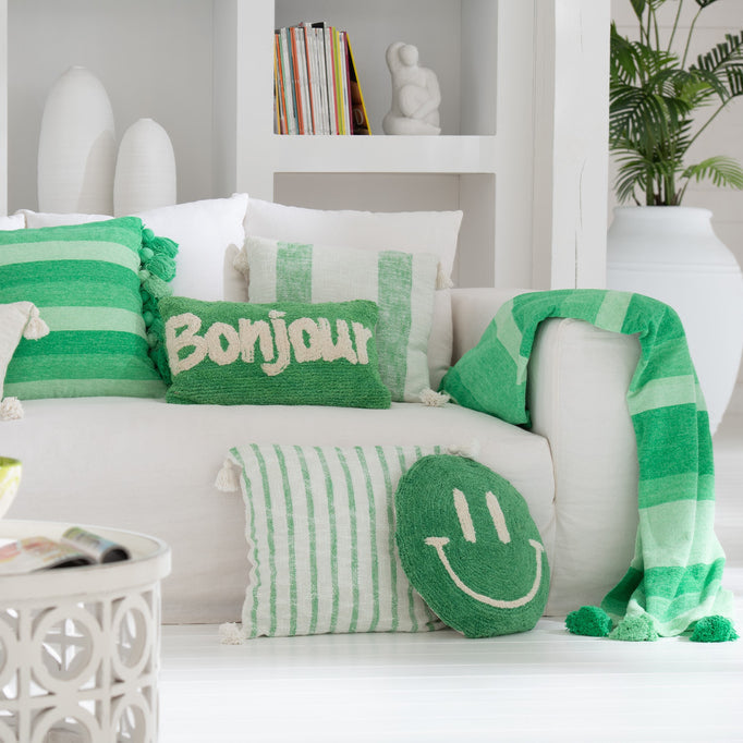 Plaid Strepen + Kwastjes Katoen Groen J-Line - Poef - J-Line - livinglovely.nl