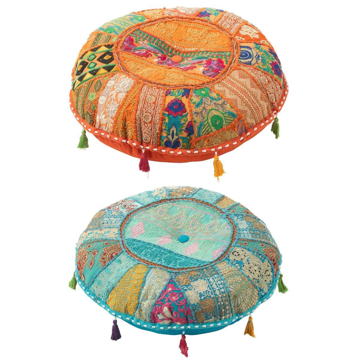 Puf redondo bajo con estampados + borlas de algodón naranja/azul, set de 2, J-Line