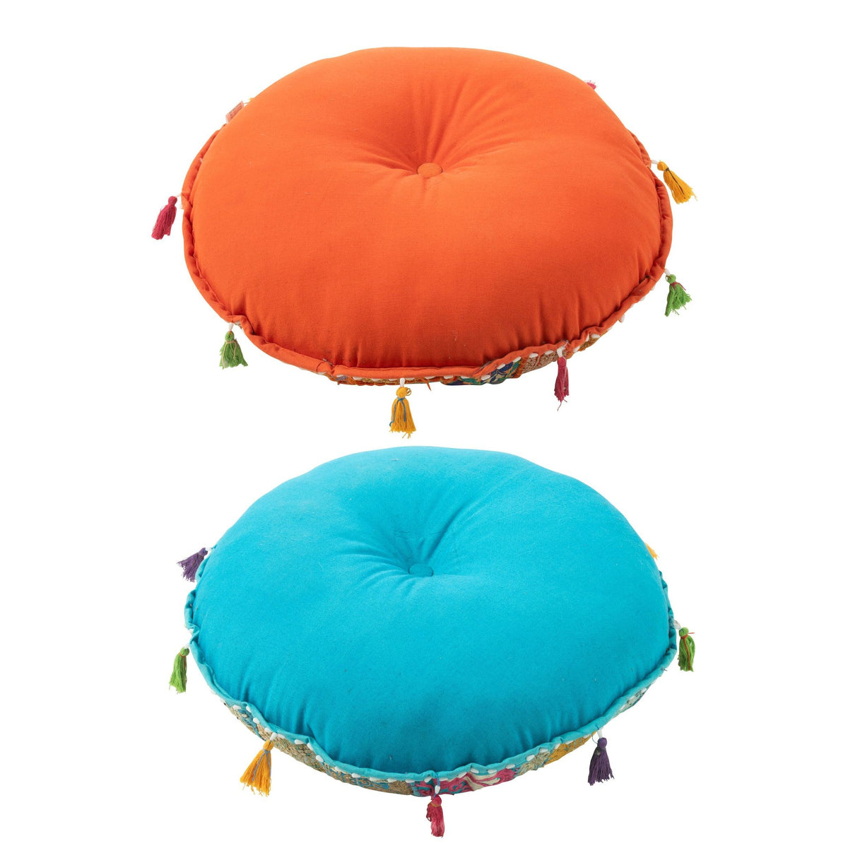 Puf redondo bajo con estampados + borlas de algodón naranja/azul, set de 2, J-Line