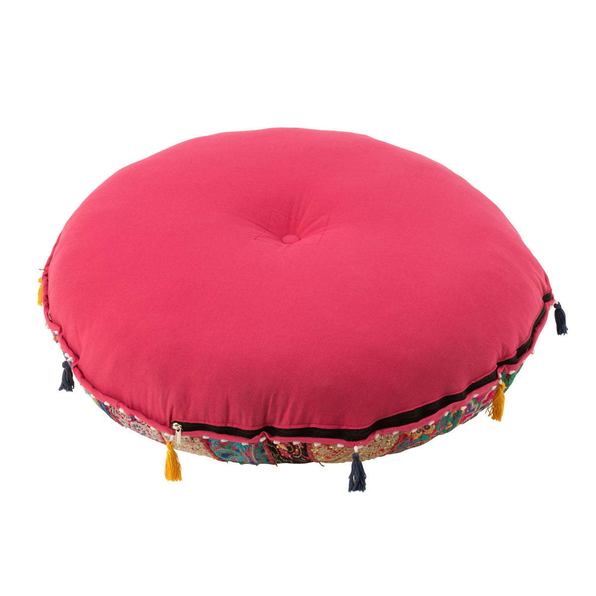 Puf redondo bajo con motivos y borlas de algodón rosa J-Line