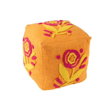 Puf cuadrado de algodón con flores naranja/rosa/amarillo J-Line