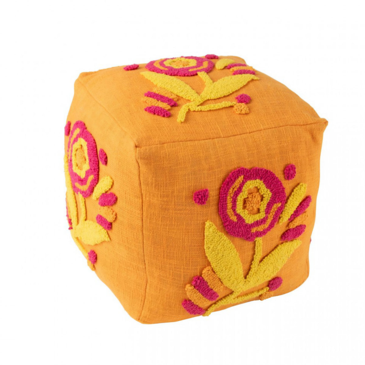 Puf cuadrado de algodón con flores naranja/rosa/amarillo J-Line