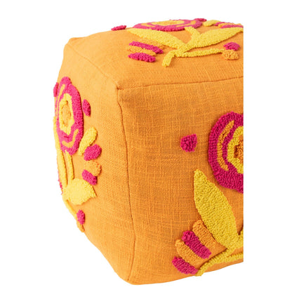 Puf cuadrado de algodón con flores naranja/rosa/amarillo J-Line