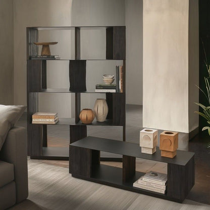 Rek Modo Metaal Acaciahout Multicolor van Pomax, sfeerbeeld van het rek met acaciahouten planken in een interieur