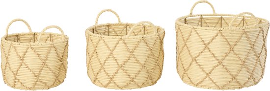 Juego de 3 cestas con asa redondas de papel a cuadros natural/beige J-Line