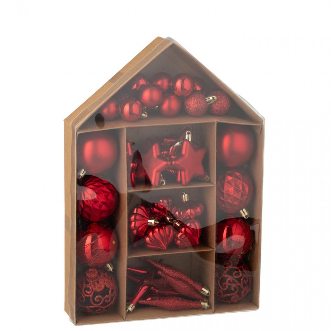 Caja de 50 bolas de Navidad de plástico rojo navideño J-Line