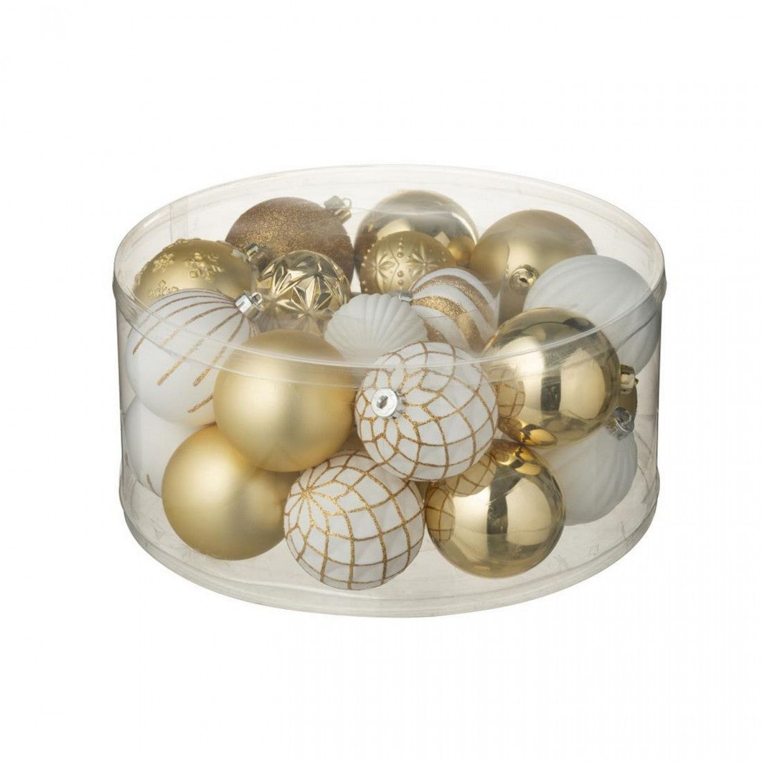 Caja de 30 bolas de Navidad de plástico blancas/doradas J-Line