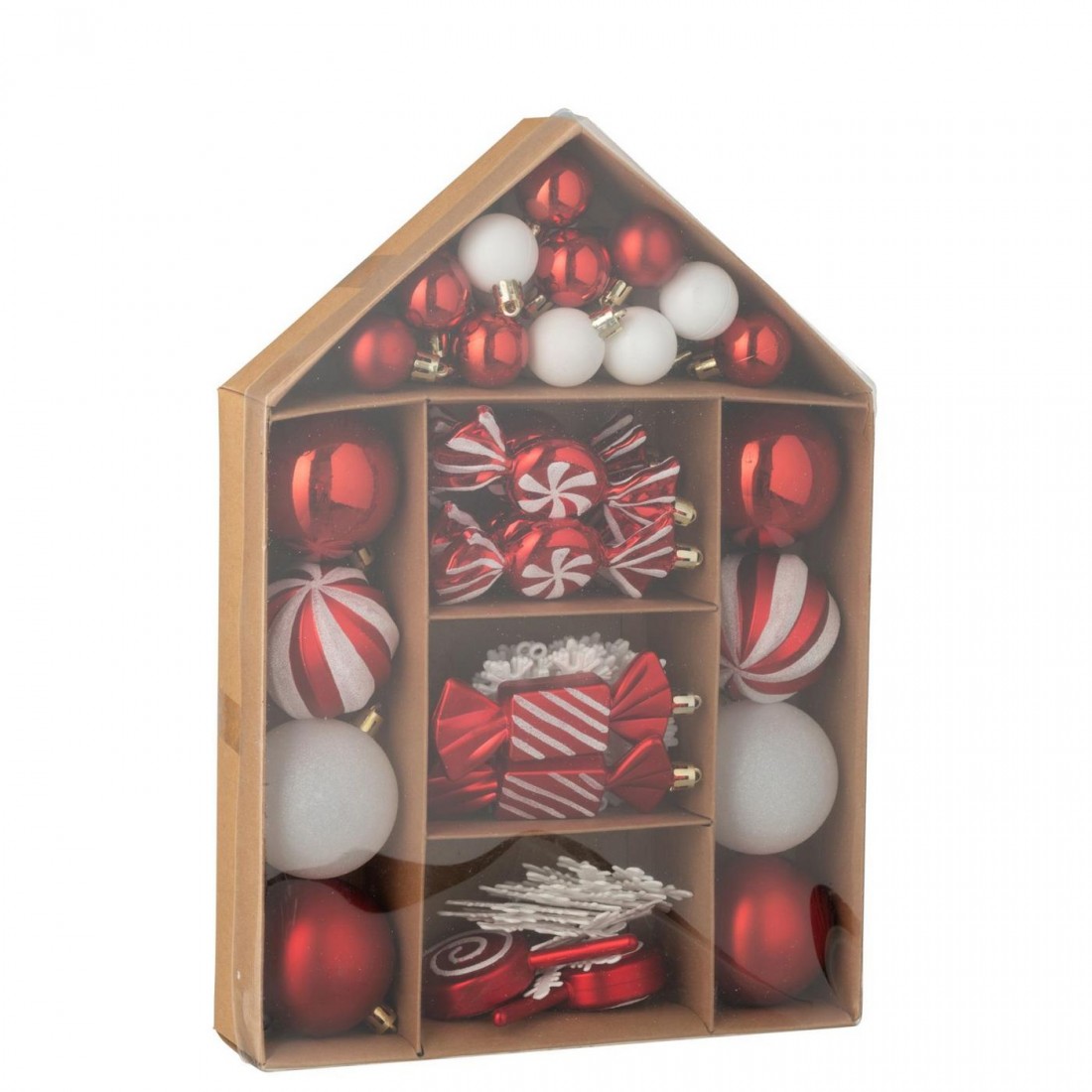 Caja de 59 bolas de Navidad de plástico rojo navideño/blanco J-Line
