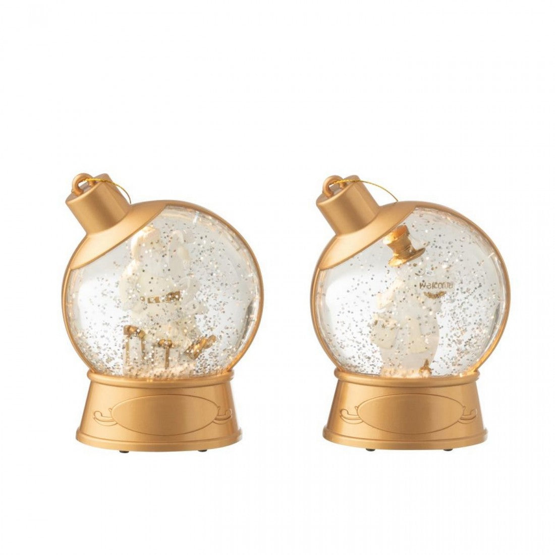 Colgador de bola de agua muñeco de nieve + Papá Noel plástico blanco set de 2 J-line