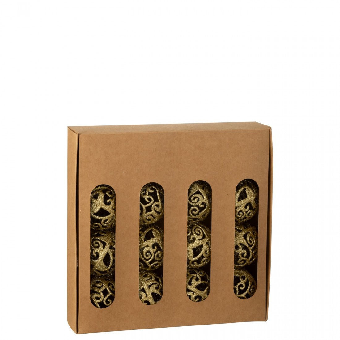 Caja de 16 bolas de Navidad con patrón barroco, de plástico color dorado, J-Line