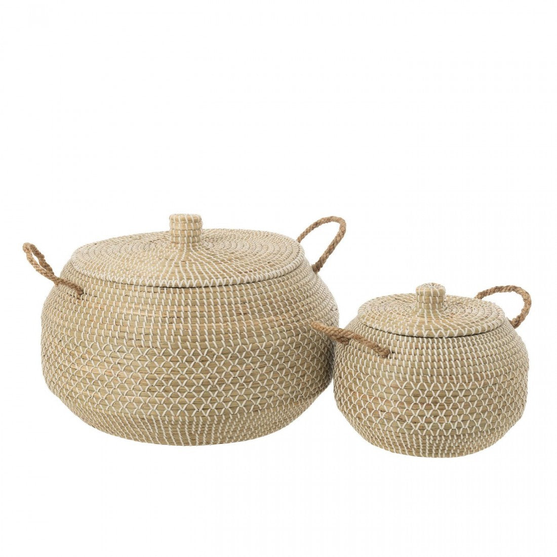 Cesta con asa + tapa de hierba marina natural/blanca, set de 2 J-Line