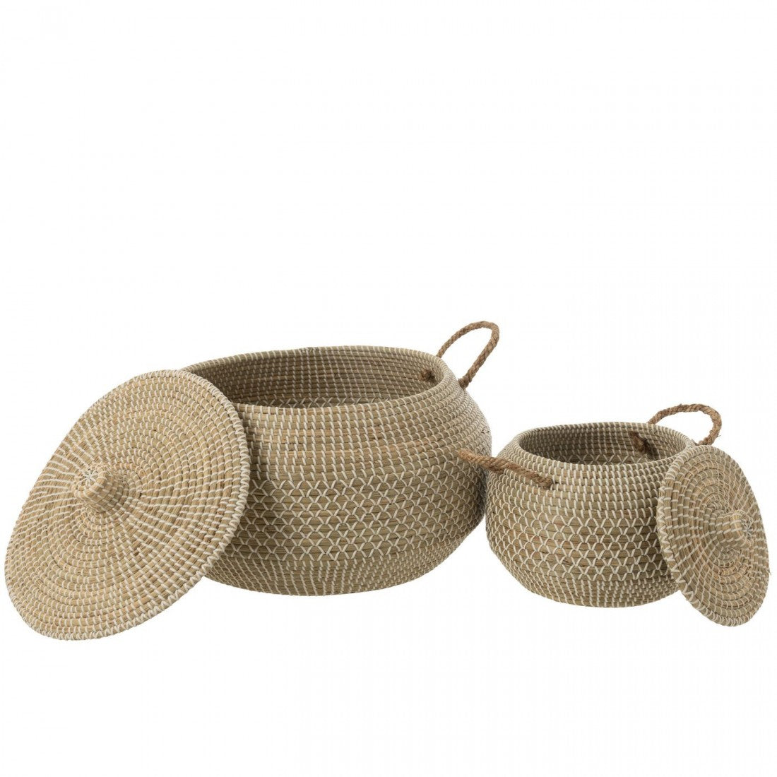 Cesta con asa + tapa de hierba marina natural/blanca, set de 2 J-Line