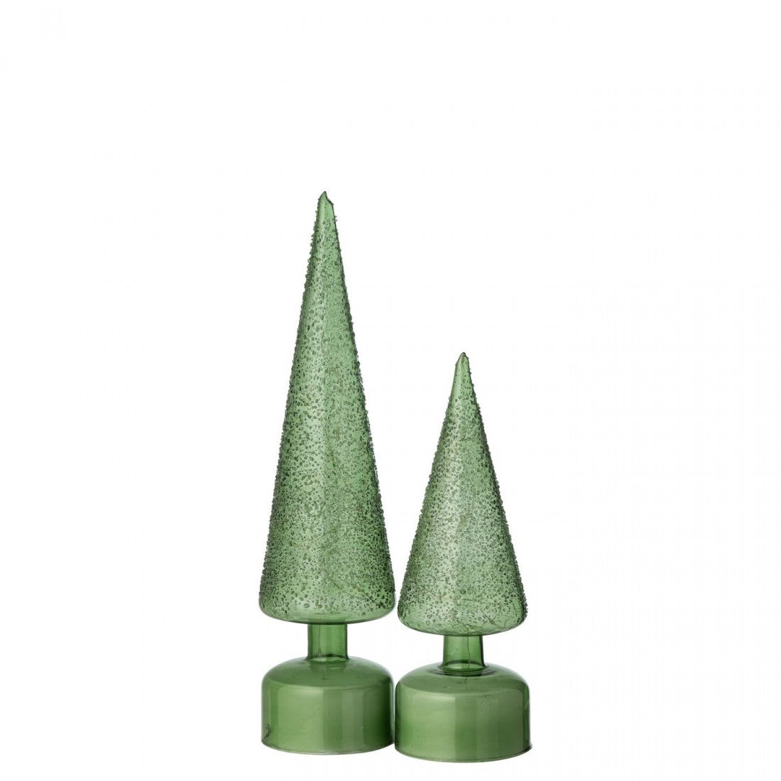 Set de 2 adornos giratorios de vidrio verde con luces LED en forma de árbol de Navidad J-Line