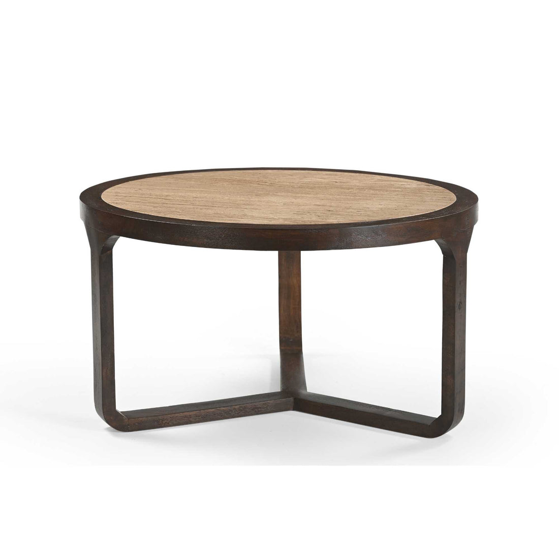 Salontafel Morris Travertin Ø75cm van Starfurn, rond travertin blad in een bruin mangohouten frame