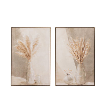 Cuadro de jarrón con hierba de la pampa en lienzo/madera beige, set de 2, J-Line