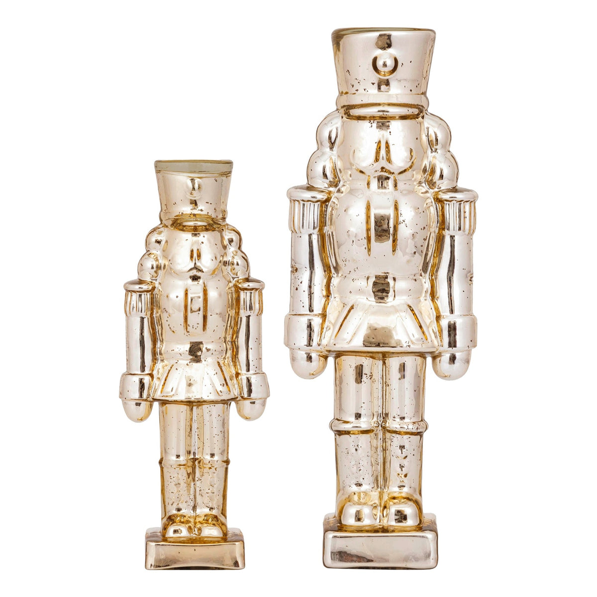 Set Van 2 Breyen Notenkrakers Glas Goud Glanzend van PTMD, de complete set met beide notenkrakers naast elkaar op witte achtergrond