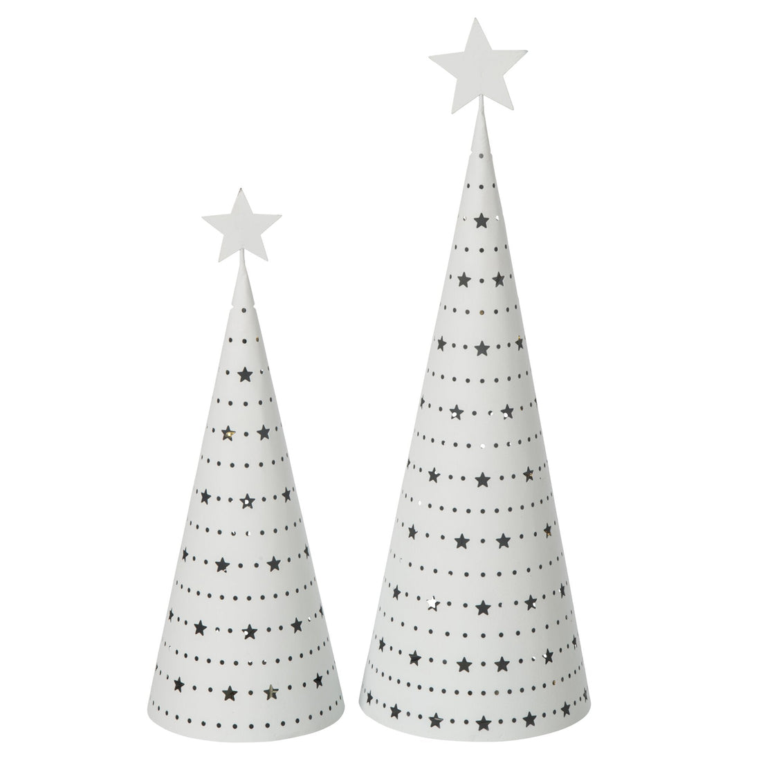 Twee witte metalen kerstboompjes van J-Line naast elkaar in small en large