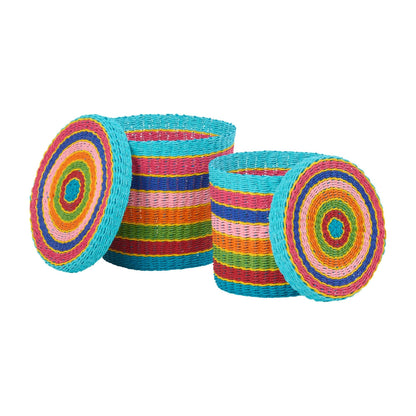 Set de 2 cestas + tapa de papel a rayas multicolor J-Line