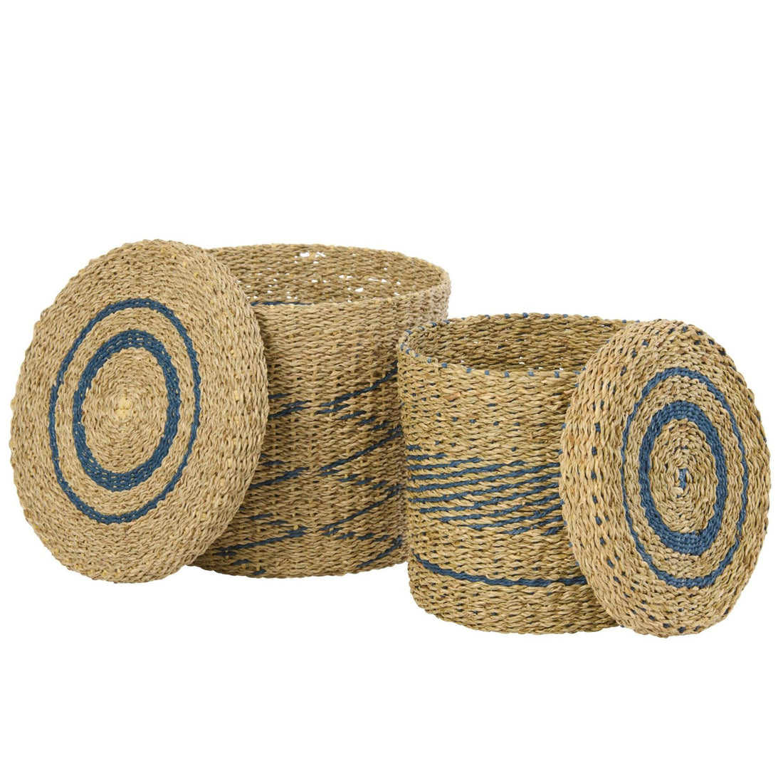 Set de 2 cestas + tapa de papel a rayas natural/azul J-Line