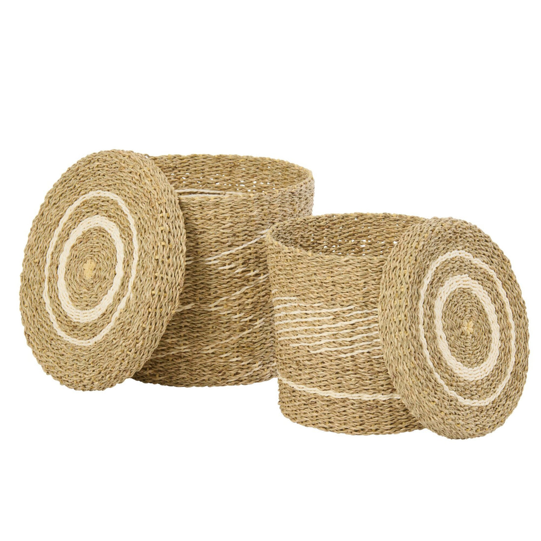 Set de 2 cestas + tapa de papel a rayas blanco/natural J-Line