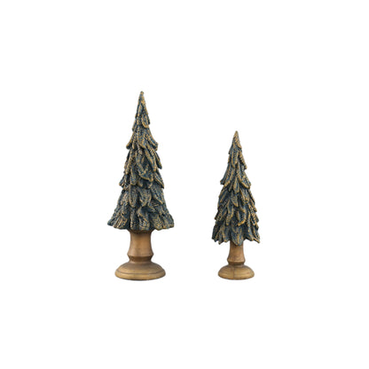 Set Van 2 Thao Kerstbomen Cement Donkergroen Goud van PTMD, de complete set met beide kerstboombeelden naast elkaar op witte achtergrond