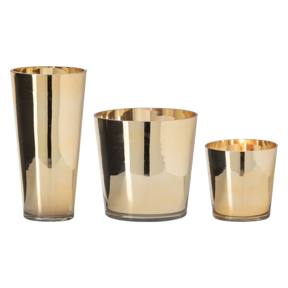 Set Van 3 Kaarshouders Glas Goud van J-Line, de complete set met alle drie de kaarshouders naast elkaar op witte achtergrond