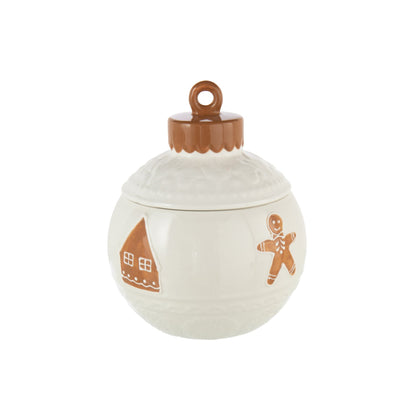 Voorraadpot Kerstbal uit de set van J-Line, bolvormige pot met deksel en peperkoekmannetjes
